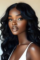 Young African American woman with long wavy black hair and glossy lips wearing white top against neutral background for beauty and fashion concepts.
