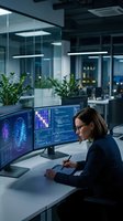 Professional woman data scientist analyzing brain scan visualizations on dual monitors in modern tech office workspace for medical research applications.