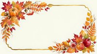 Autumn harvest frame with fall foliage, pumpkins, and seasonal fruits arranged in corners with gold border on cream background.