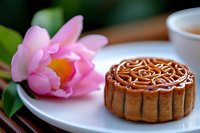 Traditional mooncake with decorative pattern served on white plate next to pink lotus flower and tea cup, celebrating Asian mid-autumn festival.