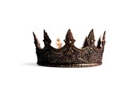 Antique bronze crown with ornate details and pointed peaks isolated on white background, royal symbol of power and authority for medieval fantasy designs.