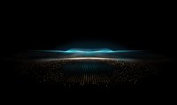 Futuristic digital landscape with glowing grid pattern and scattered light particles against dark background, blue horizon glow creates depth and perspective.