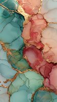 Abstract alcohol ink art with flowing teal and coral colors separated by golden veins creating organic marble-like patterns for luxury design projects.