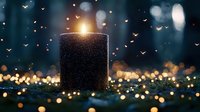 Glowing black candle surrounded by magical sparkles and flying moths in dark mystical forest with bokeh lights creating ethereal atmosphere.
