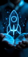 Glowing blue neon rocket hologram floating above open hands against dark background, with connected dots and lines forming constellation pattern.