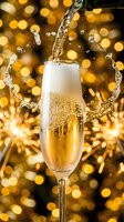 Champagne pouring into flute glass with splashing liquid against golden bokeh background, celebrating festive occasions and special events.