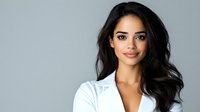 Young female medical professional with long dark hair wearing white lab coat against gray background, confident friendly smile and natural makeup.