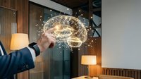Businessman pointing at glowing digital brain hologram with neural network connections in modern office environment representing artificial intelligence and innovation.
