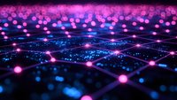 Futuristic digital network grid with glowing pink and blue nodes, representing technology connections and data transmission for tech backgrounds.