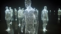 Glowing wireframe human figures composed of luminous particles stand against dark background, representing digital transformation, technology, and network connectivity for business concepts.