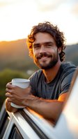 Young bearded man with curly hair enjoying coffee during sunset road trip, leaning out of car window. Golden hour lighting creates warm atmospheric mood.