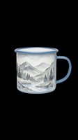 Enamel camping mug with mountain landscape design, isolated on transparent background, ready for t-shirt prints, sublimation, stickers, and merchandise design.