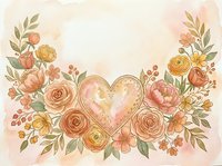 Watercolor floral heart arrangement with roses and peonies in warm peach and golden tones, perfect for Valentine's Day cards and wedding designs.
