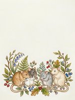 Watercolor mice group surrounded by wildflowers, berries, and ferns on cream background with copy space for greeting cards.