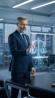 Mature Caucasian businessman in dark suit interacting with holographic justice scales in modern office representing legal technology and digital law solutions.