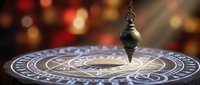 Mystical pendulum hovering over ornate mandala circle with warm bokeh lights creating magical atmosphere for divination and spiritual practices.