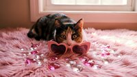 Adorable tabby cat wearing pink heart-shaped sunglasses lying on fluffy pink blanket with scattered pearls creating romantic Valentine atmosphere.