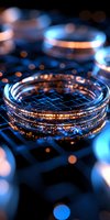 Glowing cryptocurrency coins with circuit pattern on dark background, illuminated by blue and orange bokeh lights creating magical atmosphere and depth.