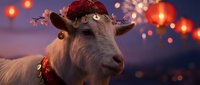 Festive white goat wearing traditional red hat with cherry blossoms and golden coins, glowing lanterns and fireworks in twilight sky.