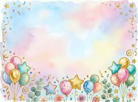 Watercolor celebration background with pastel gradient, colorful balloons, stars, confetti ribbons, and floral elements. Isolated design on white background, ready for invitations, cards, posters, and party graphics.