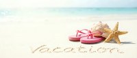 Vacation written in sand on tropical beach with pink flip flops, seashell, and starfish on sunny summer day.