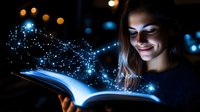 Young woman reading glowing magical book at night with sparkles and light trails emerging from pages, creating ethereal atmosphere against dark background.