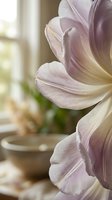 Delicate lavender and cream tulip petals in soft focus with natural window light creating an ethereal, romantic atmosphere for floral and botanical designs.