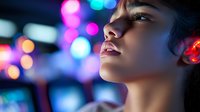 Young woman with glowing skin in profile against vibrant colorful bokeh lights at night, creating atmospheric mood for nightlife or entertainment concepts.
