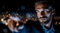 Middle-aged man with dark hair and beard, Caucasian ethnicity, wearing blue shirt, pointing finger at camera against blurred city lights bokeh background at night.