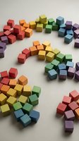 Colorful wooden blocks arranged in rainbow spectrum on neutral background for educational toys, learning activities, and creative play concepts.