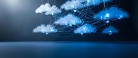 Cloud computing network with glowing connections and data transfer visualization for modern technology and digital transformation concepts.
