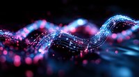 Abstract glowing wave with sparkles and bokeh effect on dark background, featuring neon blue and pink colors in flowing motion creates magical atmosphere.
