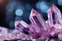 Pink amethyst crystal points with natural geometric formations against dark background with bokeh lights, macro mineral photography showing transparent quartz structure.