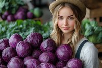 Young woman with long blonde wavy hair and fair complexion wearing a beige hat and gray shirt, posing with fresh purple cabbage at a farmers market or garden stand.