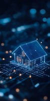 Digital hologram of modern house with glowing network connections on dark blue background, representing smart home technology and real estate innovation.