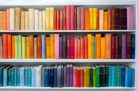 Colorful hardcover books arranged by spectrum colors on white library shelves, creating rainbow pattern. Collection shows spines in blue, orange, pink, and yellow tones.