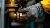Close-up of plumber's gloved hand working on brass pipe fitting and valve, showing industrial maintenance and repair work in plumbing system.
