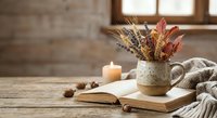Cozy autumn still life with dried flowers in ceramic mug, burning candle, open book and knitted blanket on rustic wooden table by window for home decor.