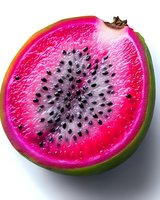 Fresh dragon fruit cross section showing vibrant pink flesh and black seeds against white background, macro food photography for healthy eating concepts.
