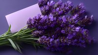 Fresh lavender bouquet with blank card on purple background, aromatic herbs and floral arrangement for spa, wellness, or natural cosmetics marketing.