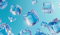 Floating transparent ice cubes with water drops and reflections on turquoise background, macro photography showing crystal clear frozen water in motion.