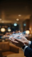 Businessman holding holographic digital city model with glowing wireframe architecture and urban infrastructure visualization for smart city technology, urban planning, and innovation concepts.