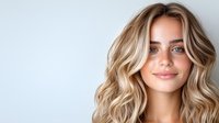 Young Caucasian woman with wavy blonde highlighted hair and natural makeup smiling against white background, beauty portrait with soft lighting and fresh glowing skin.