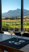 Wine tasting experience with mountain vineyard view through window. Three glasses of red and white wine on dark mat against scenic landscape backdrop.