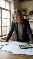 Mature Caucasian businesswoman architect reviewing blueprints and floor plans at wooden desk in bright office with natural light from large windows.