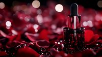 Glass dropper bottle with essential oil or serum against red rose petals background with bokeh lights creating luxurious cosmetic product composition.