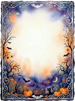 Halloween watercolor frame with spooky elements, pumpkins, bats, bare trees, tombstones and ornate gothic border for seasonal greeting cards and invitations.