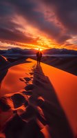 Silhouette of person standing on sand dune ridge at dramatic sunset, footprints leading to figure, snow-capped mountains in background, orange and purple sky.