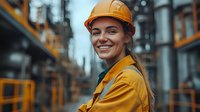 Young female construction worker in yellow safety gear and hard hat smiling confidently at industrial site with metal structures and equipment in background.