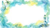 Watercolor tropical beach frame with palm tree, surfboard, lighthouse, and sailboat elements on white background for summer designs and travel graphics.